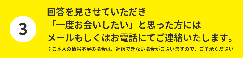 回答を見させていただき「一度お会いしたい」と思った方にはメールもしくはお電話にてご連絡いたします。